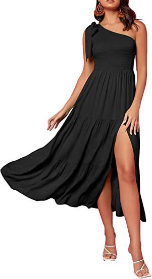 Refined One-Shoulder Gown - Pleated Layered Hem Split Dress