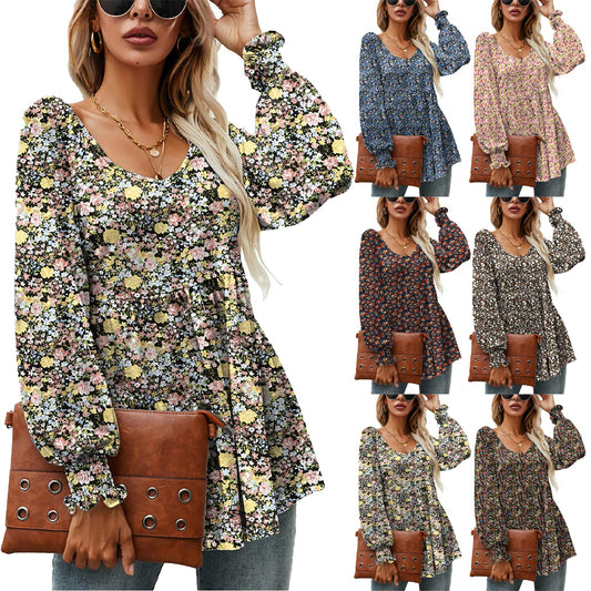 Babydoll Long Puff Sleeve Tops - Women Flowers Print V-Neck Blouse