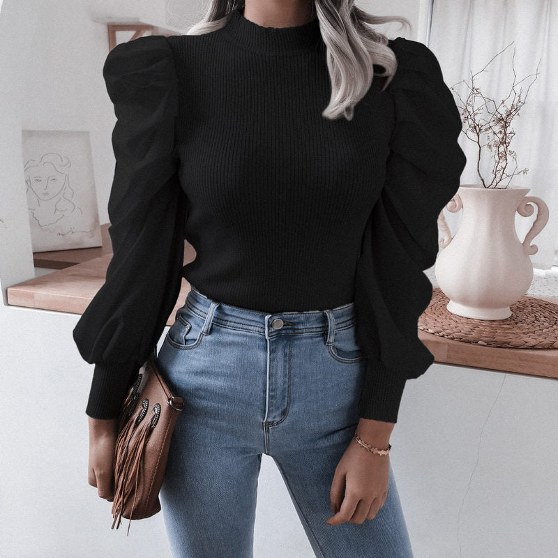 Puff Sleeve Knit Tops Streetwear T Shirt