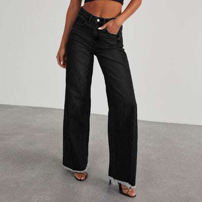 High Waist Jeans With Pockets - Comfortable Slim Fit Straight Wide-leg Pants