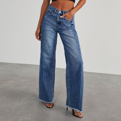 High Waist Jeans With Pockets - Comfortable Slim Fit Straight Wide-leg Pants