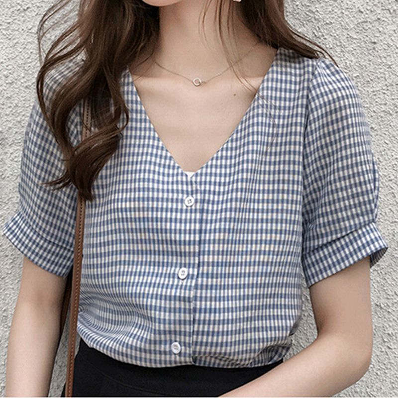 Refined Style Blouse - V-neck Plaid Shirt Blouse