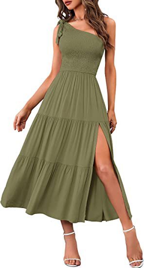 Refined One-Shoulder Gown - Pleated Layered Hem Split Dress