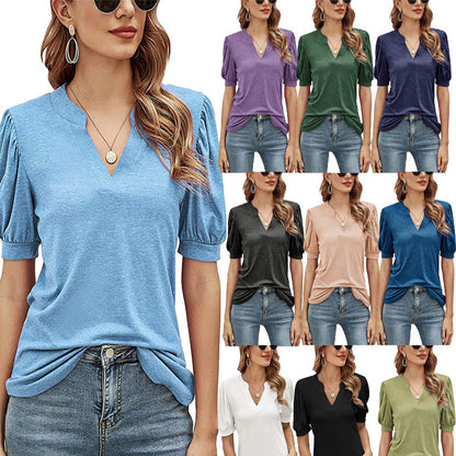 Modern Muse V-Neck Tops - Women's Summer Pleated Puff Sleeve V-Neck Top