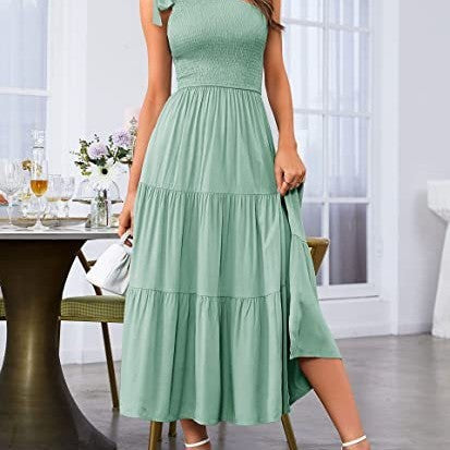 Refined One-Shoulder Gown - Pleated Layered Hem Split Dress