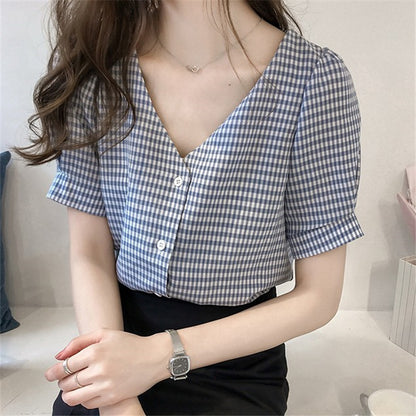 Refined Style Blouse - V-neck Plaid Shirt Blouse