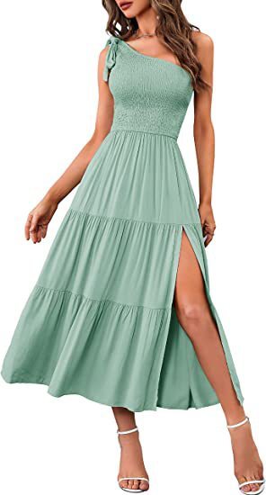 Refined One-Shoulder Gown - Pleated Layered Hem Split Dress