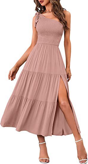 Refined One-Shoulder Gown - Pleated Layered Hem Split Dress