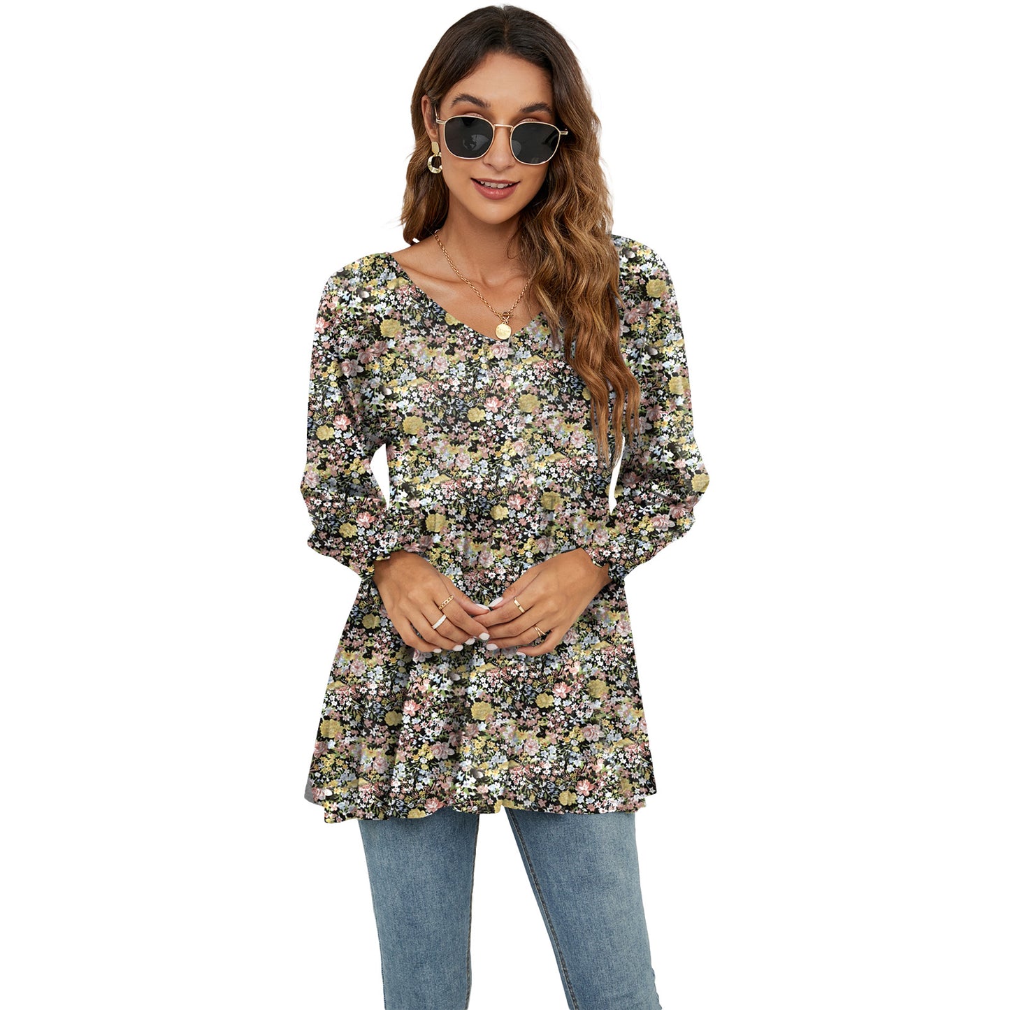 Babydoll Long Puff Sleeve Tops - Women Flowers Print V-Neck Blouse