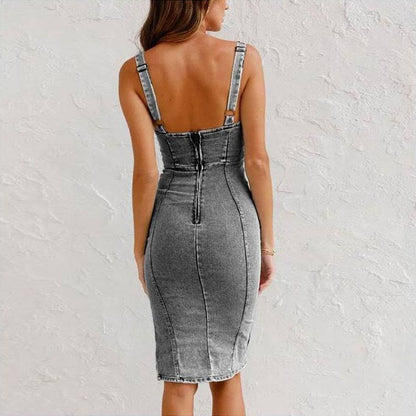 Perfect Curves Denim Dress - U-Neck Suspender Slim Fit Dress with Slit