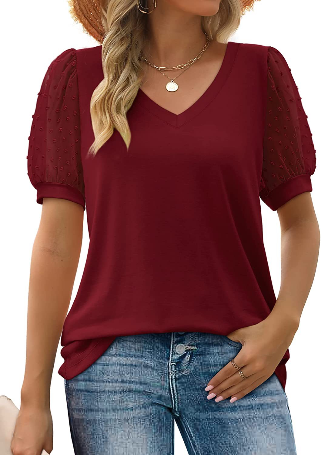 Glamour Peak Tops - Womens Loose Casual T Shirts Swiss Dot Puff Sleeve For Summer