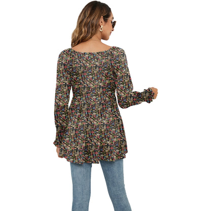 Babydoll Long Puff Sleeve Tops - Women Flowers Print V-Neck Blouse