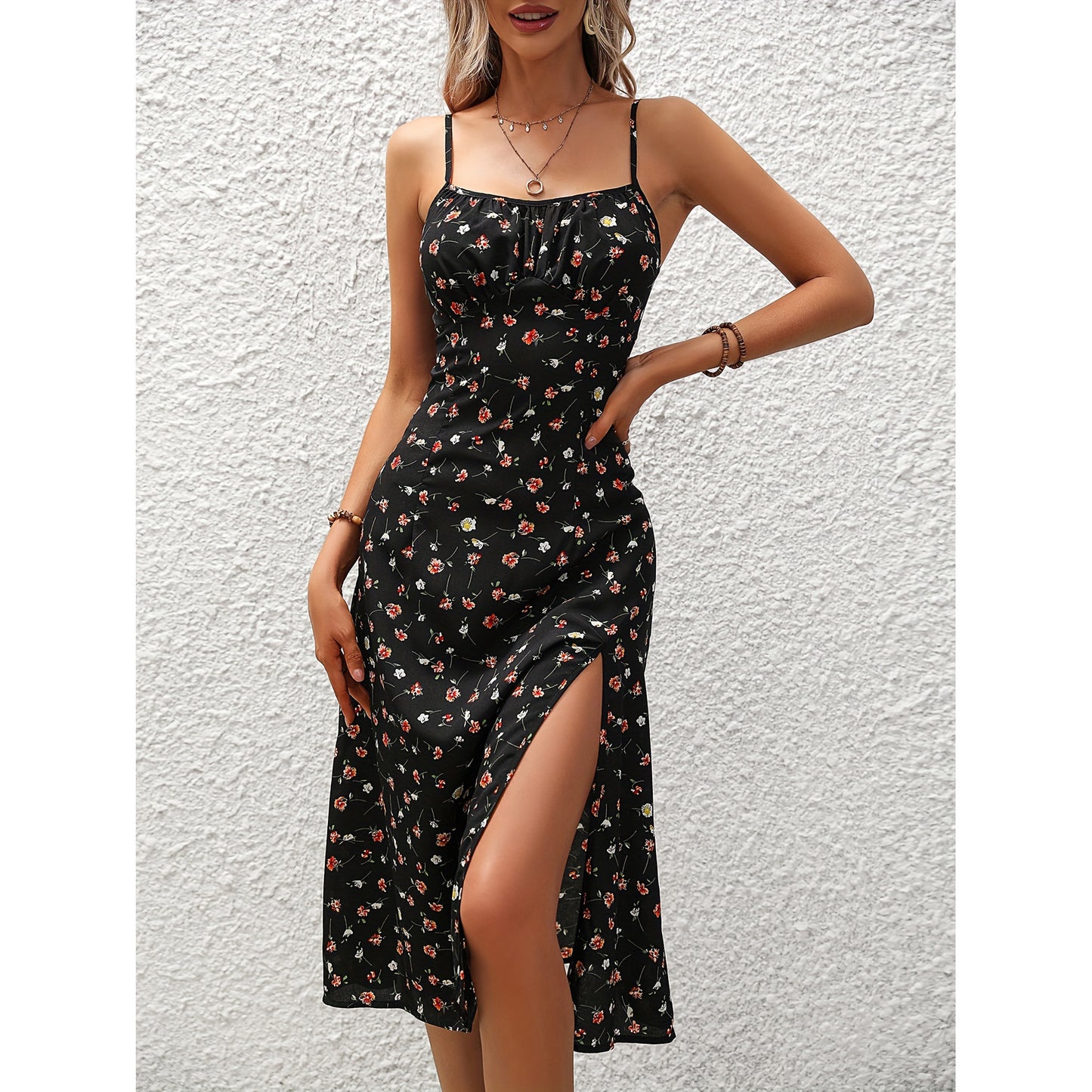 Sexy Slit Suspender Dress - Long Polka Dot Dress