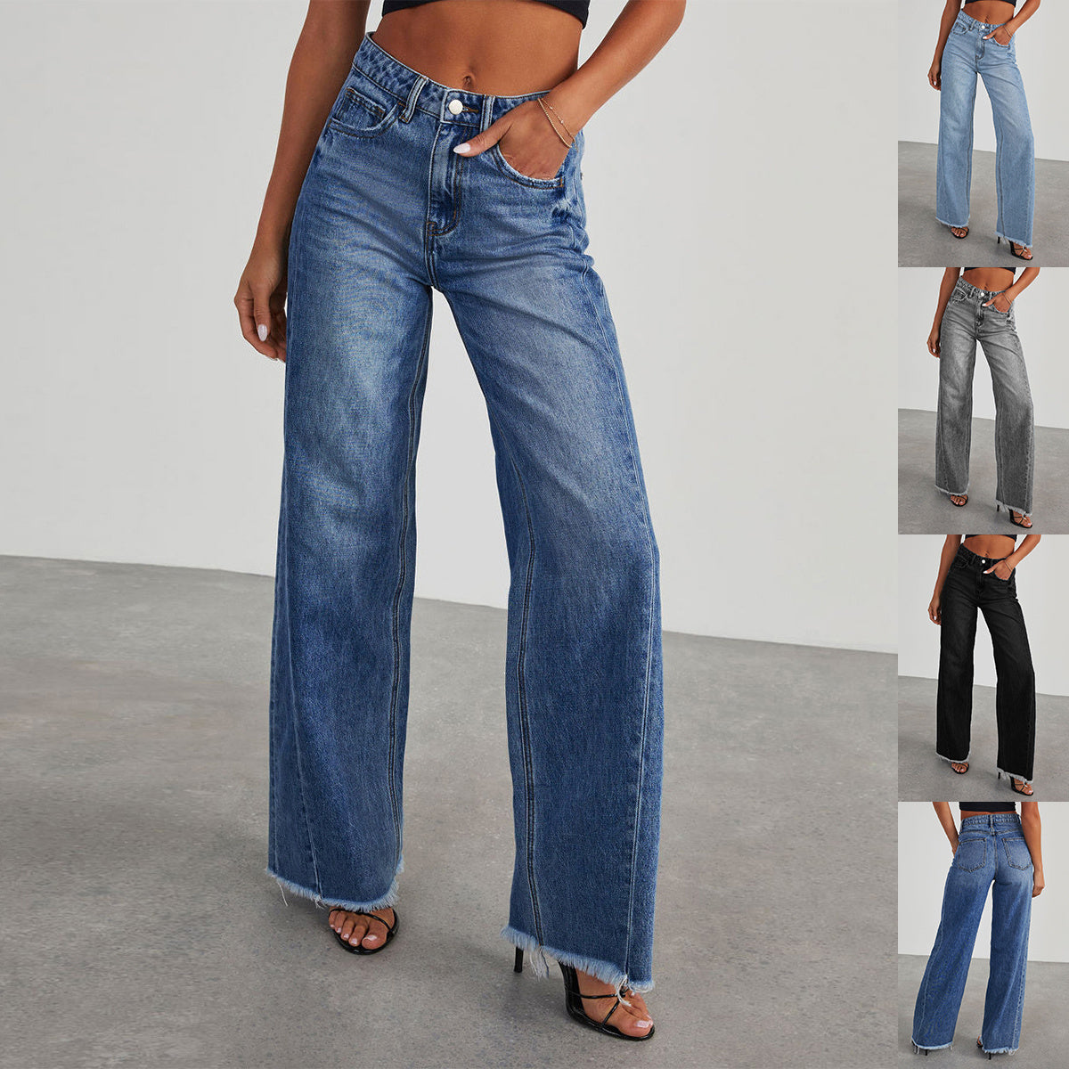 High Waist Jeans With Pockets - Comfortable Slim Fit Straight Wide-leg Pants