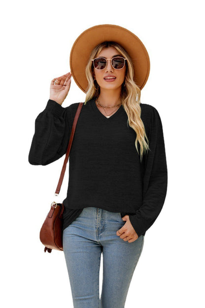 Vibrant V-Neck Shirt - Loose Casual Puff Sleeve V-neck Long Sleeve Top Women