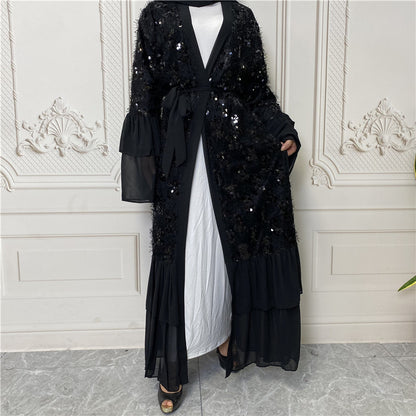 Hot Sale New Sequined Chiffon Bell Sleeve Muslim Cardigan 1737