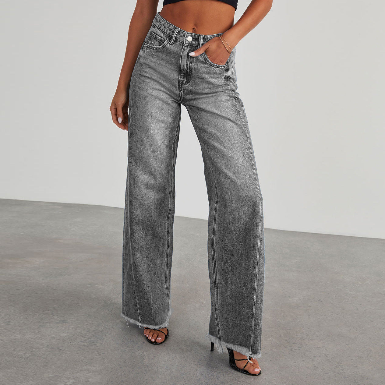 High Waist Jeans With Pockets - Comfortable Slim Fit Straight Wide-leg Pants