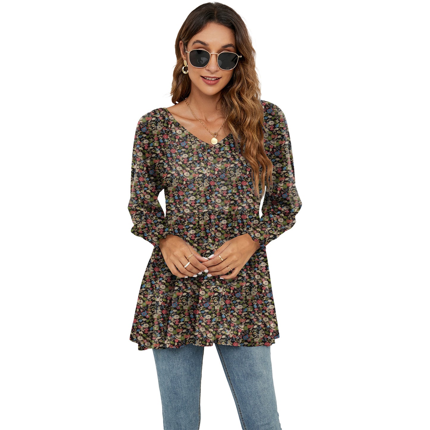 Babydoll Long Puff Sleeve Tops - Women Flowers Print V-Neck Blouse