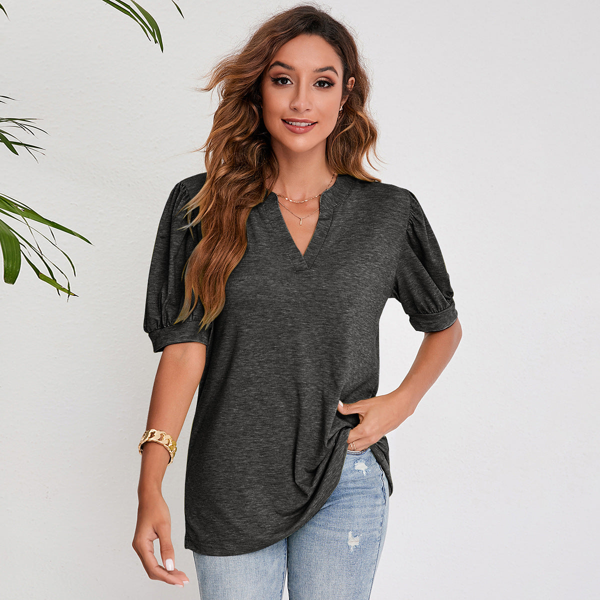 Modern Muse V-Neck Tops - Women's Summer Pleated Puff Sleeve V-Neck Top