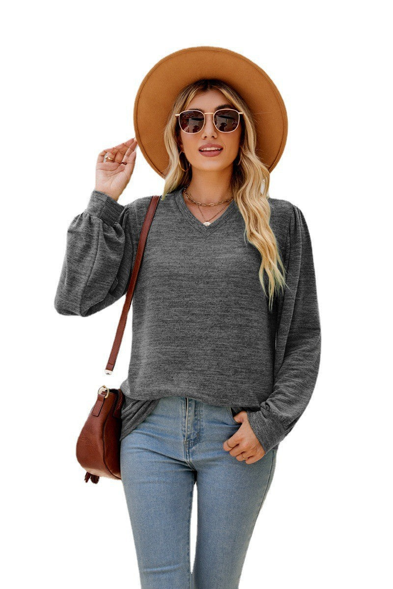 Vibrant V-Neck Shirt - Loose Casual Puff Sleeve V-neck Long Sleeve Top Women