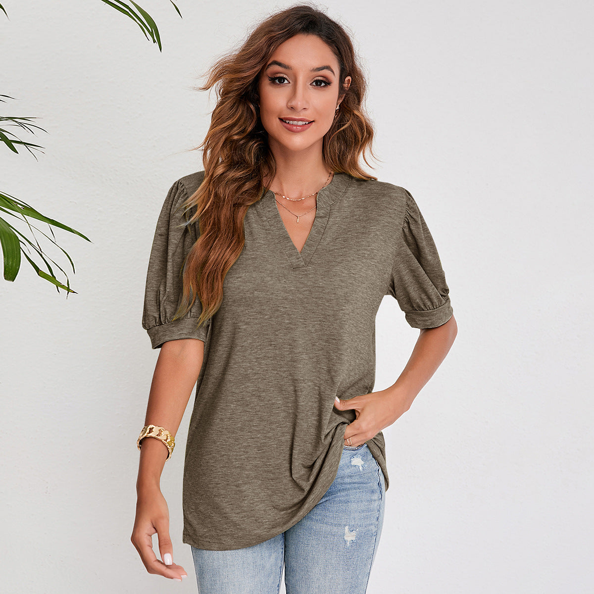 Modern Muse V-Neck Tops - Women's Summer Pleated Puff Sleeve V-Neck Top