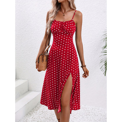 Sexy Slit Suspender Dress - Long Polka Dot Dress