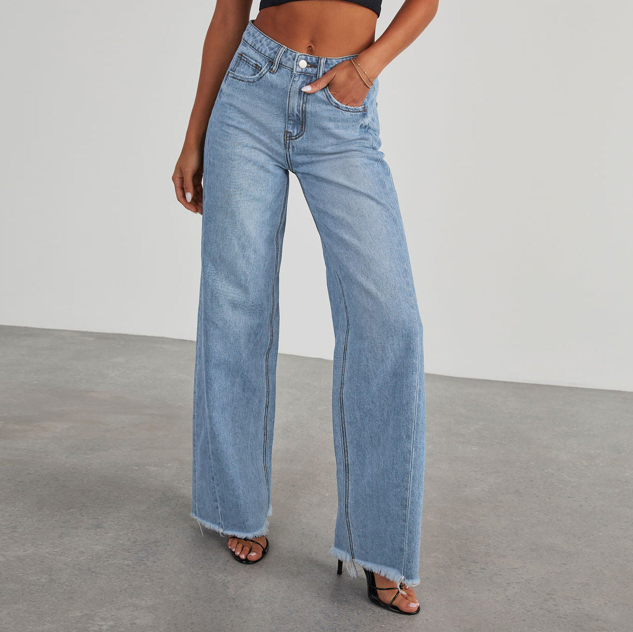 High Waist Jeans With Pockets - Comfortable Slim Fit Straight Wide-leg Pants