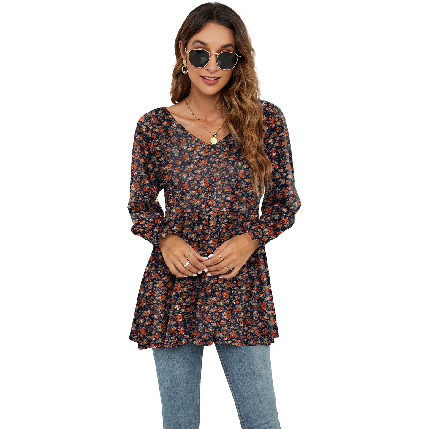 Babydoll Long Puff Sleeve Tops - Women Flowers Print V-Neck Blouse