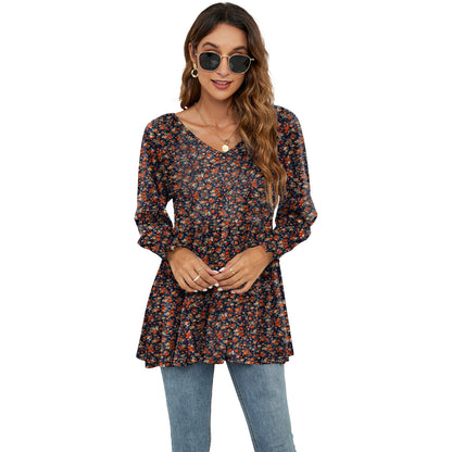 Babydoll Long Puff Sleeve Tops - Women Flowers Print V-Neck Blouse