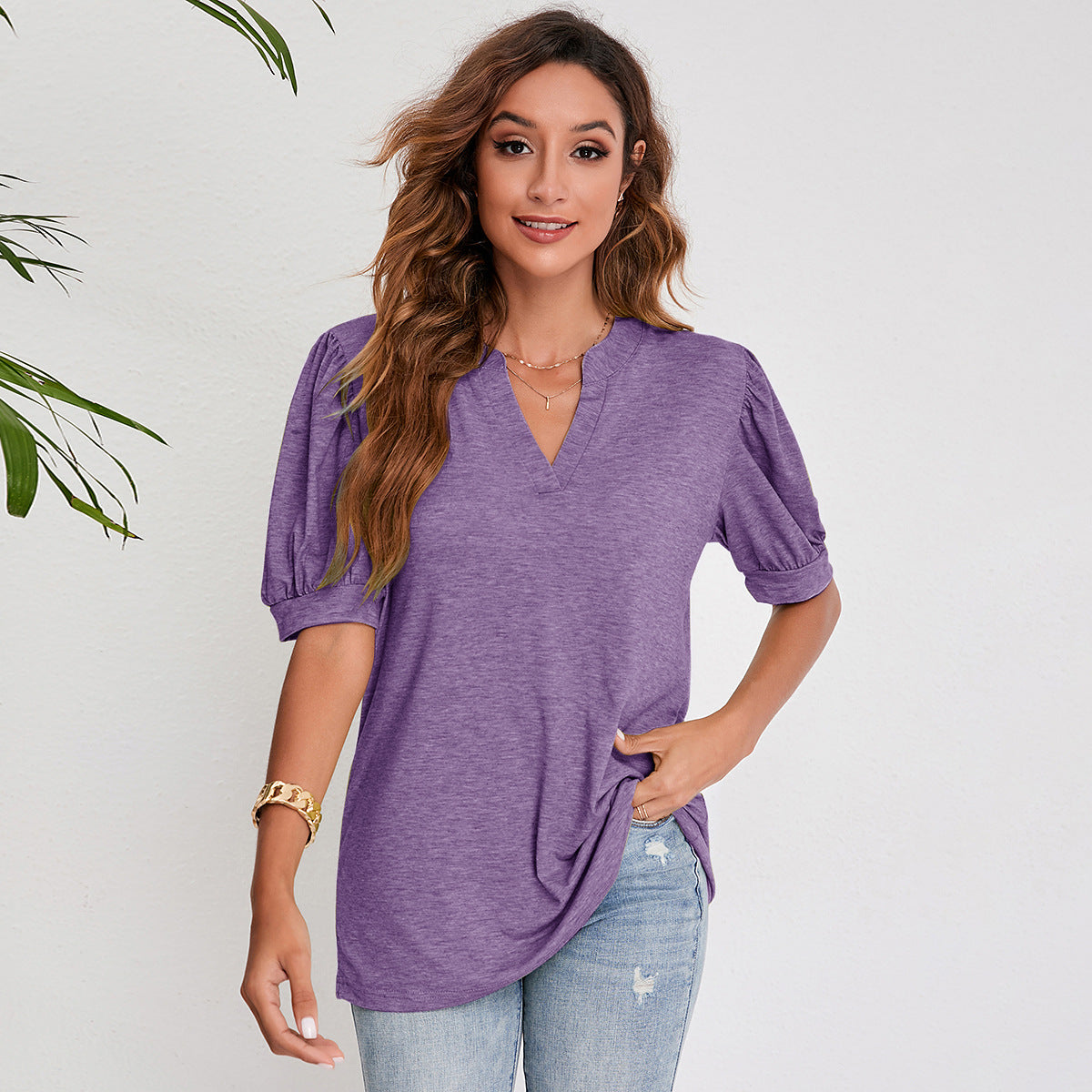 Modern Muse V-Neck Tops - Women's Summer Pleated Puff Sleeve V-Neck Top