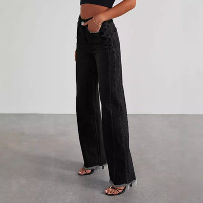 High Waist Jeans With Pockets - Comfortable Slim Fit Straight Wide-leg Pants