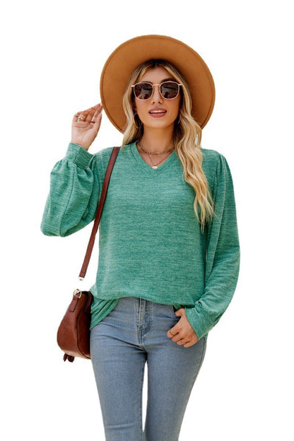 Vibrant V-Neck Shirt - Loose Casual Puff Sleeve V-neck Long Sleeve Top Women