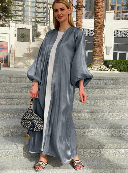 Eid Muslim Abaya Dress Kimono For Women Fashion Shining Silklike Summer Abayas Cardigan Puff Sleeve Dubai Turkey Clothes