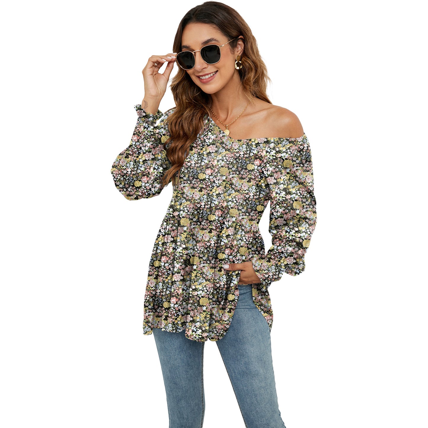 Babydoll Long Puff Sleeve Tops - Women Flowers Print V-Neck Blouse