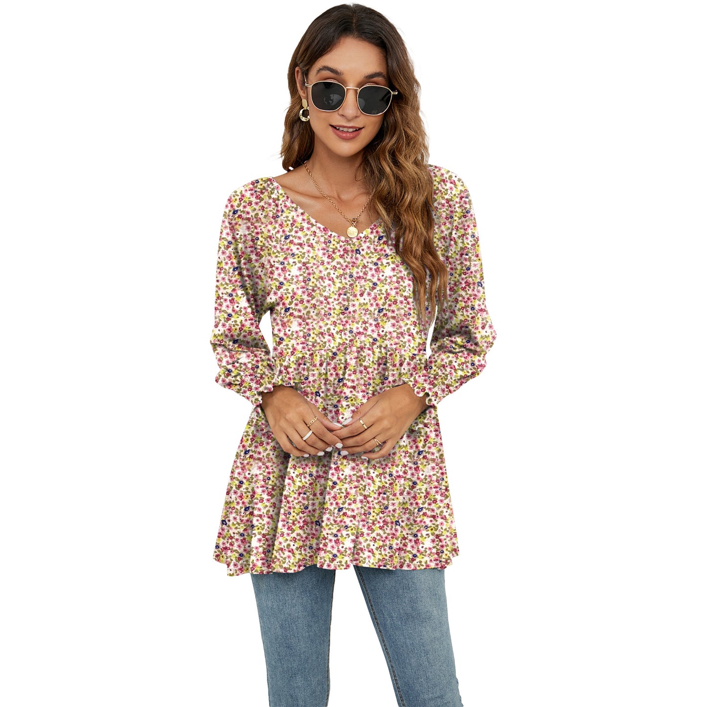 Babydoll Long Puff Sleeve Tops - Women Flowers Print V-Neck Blouse