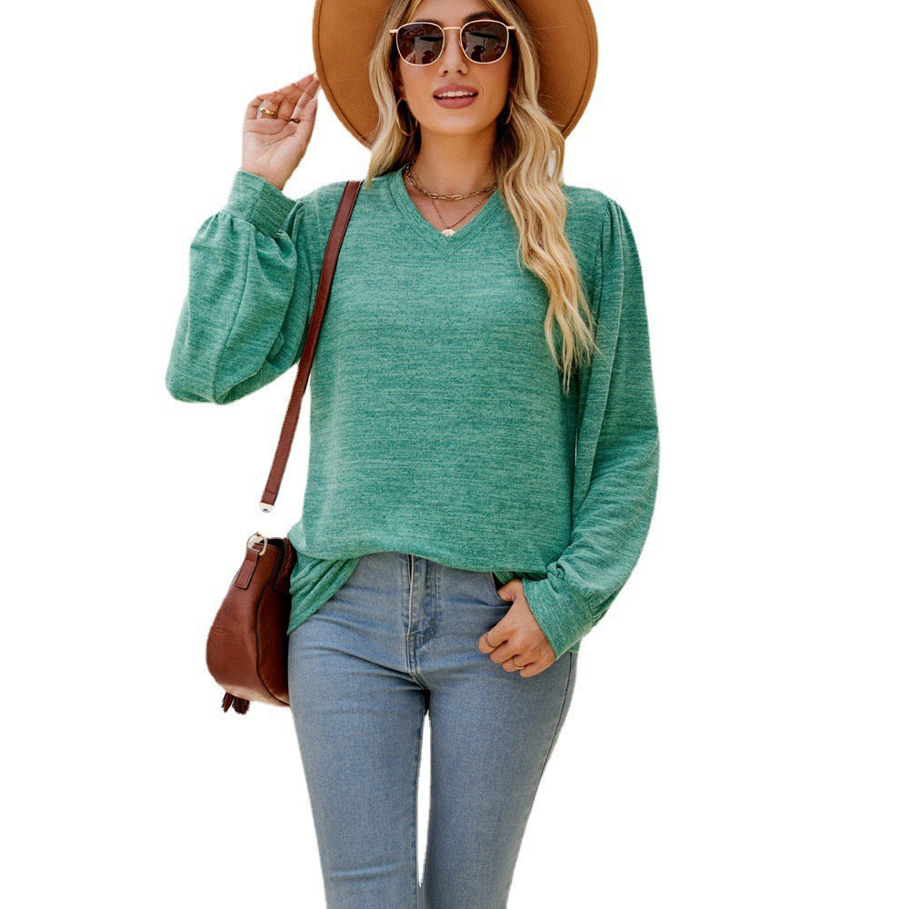 Vibrant V-Neck Shirt - Loose Casual Puff Sleeve V-neck Long Sleeve Top Women