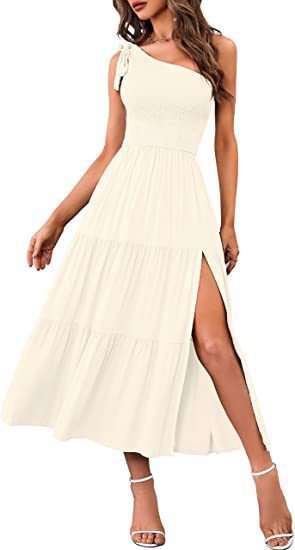 Refined One-Shoulder Gown - Pleated Layered Hem Split Dress