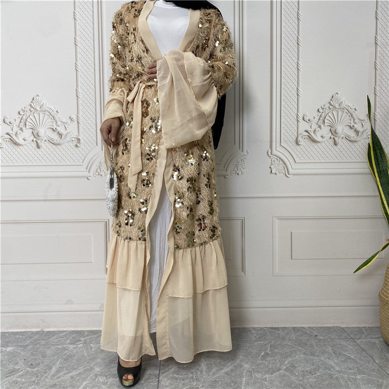 Hot Sale New Sequined Chiffon Bell Sleeve Muslim Cardigan 1737