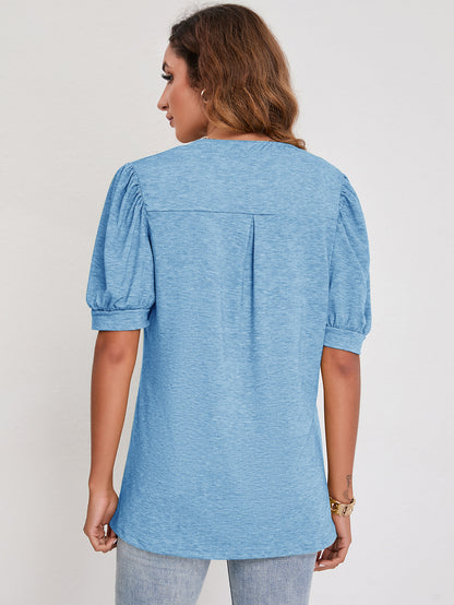 Modern Muse V-Neck Tops - Women's Summer Pleated Puff Sleeve V-Neck Top