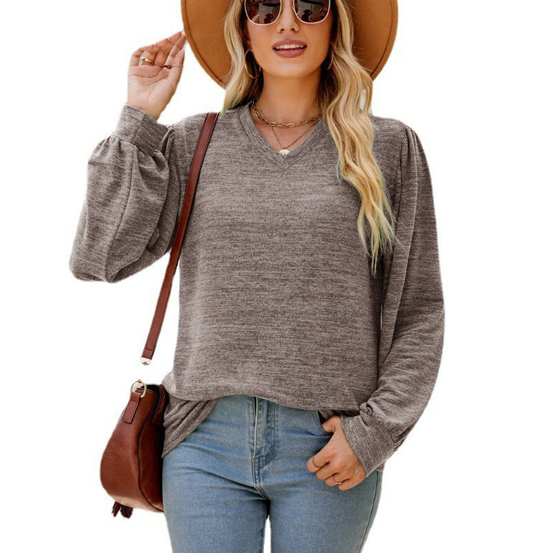 Vibrant V-Neck Shirt - Loose Casual Puff Sleeve V-neck Long Sleeve Top Women