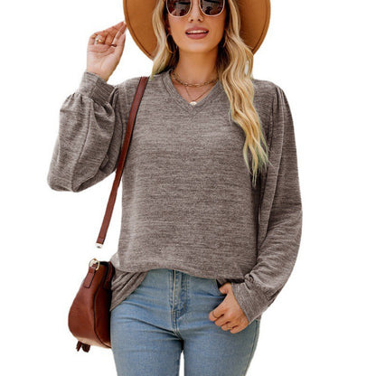 Vibrant V-Neck Shirt - Loose Casual Puff Sleeve V-neck Long Sleeve Top Women