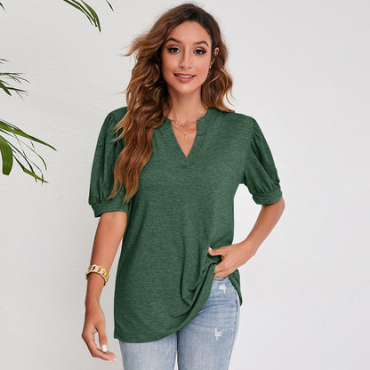 Modern Muse V-Neck Tops - Women's Summer Pleated Puff Sleeve V-Neck Top