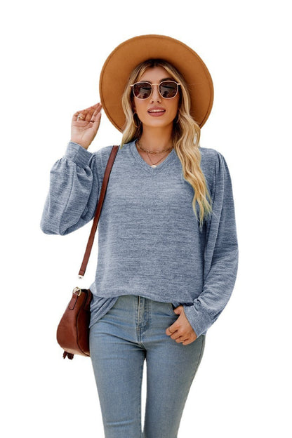 Vibrant V-Neck Shirt - Loose Casual Puff Sleeve V-neck Long Sleeve Top Women