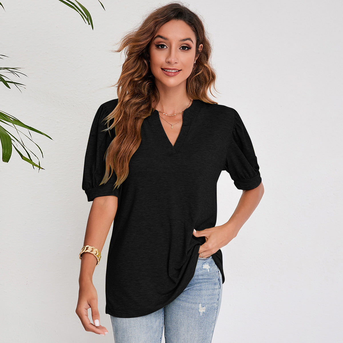 Modern Muse V-Neck Tops - Women's Summer Pleated Puff Sleeve V-Neck Top