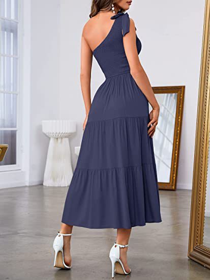 Refined One-Shoulder Gown - Pleated Layered Hem Split Dress