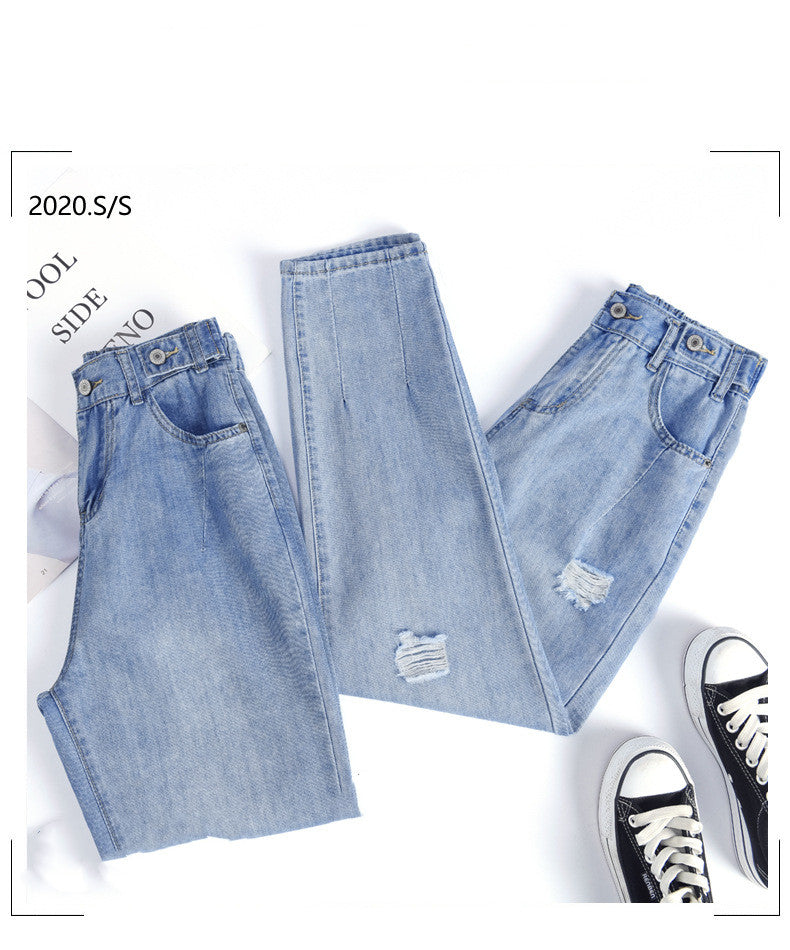 Classic High-Rise Denim - Women Ripped Look Thin And Straight Jeans