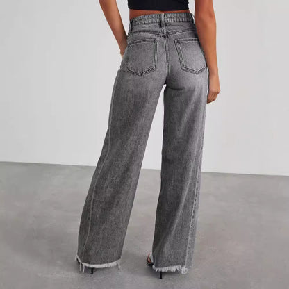 High Waist Jeans With Pockets - Comfortable Slim Fit Straight Wide-leg Pants