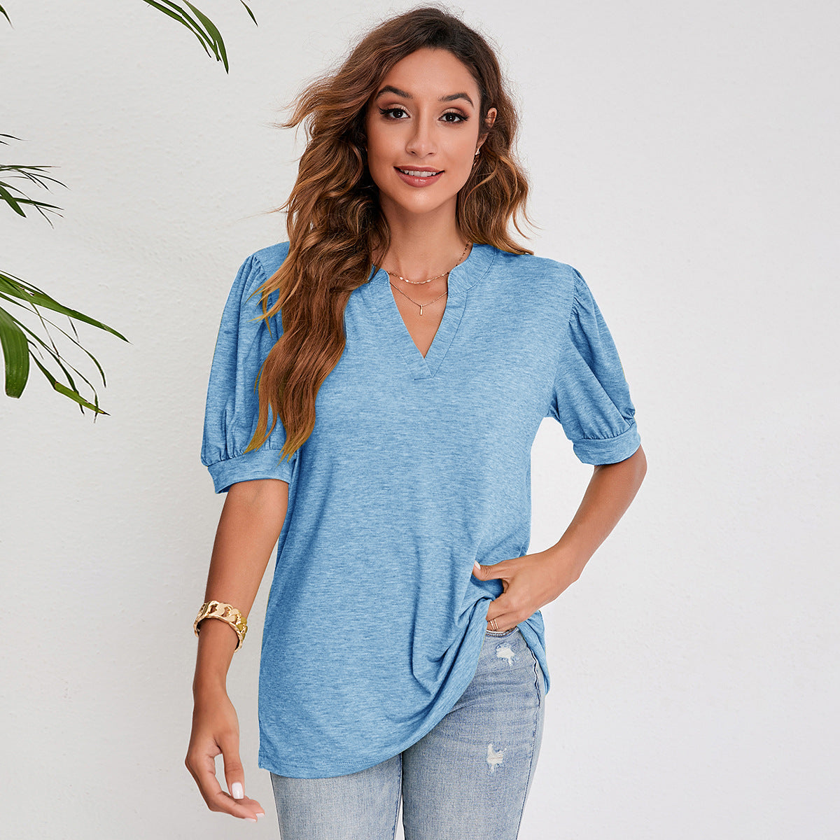 Modern Muse V-Neck Tops - Women's Summer Pleated Puff Sleeve V-Neck Top